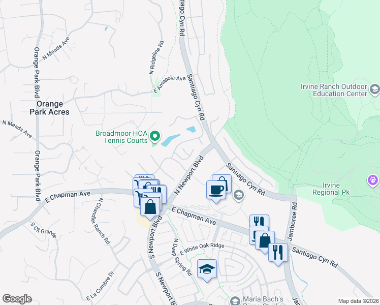 map of restaurants, bars, coffee shops, grocery stores, and more near 7927 East Horseshoe Trail in Orange