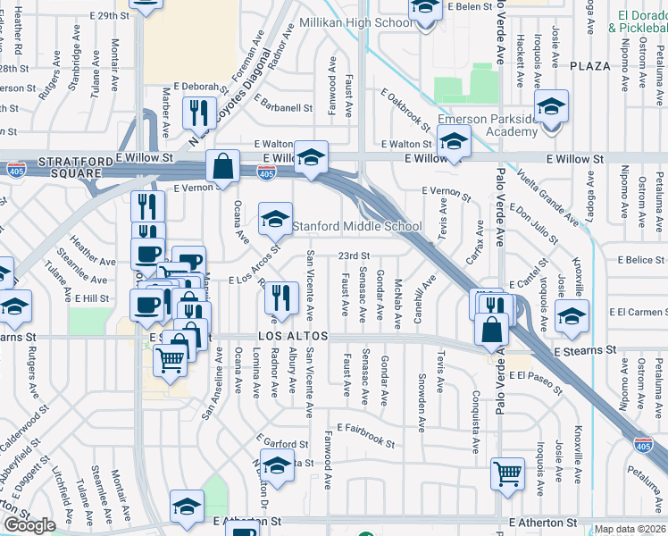 map of restaurants, bars, coffee shops, grocery stores, and more near 2276 Fanwood Avenue in Long Beach