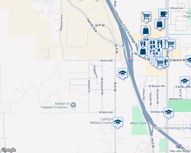 map of restaurants, bars, coffee shops, grocery stores, and more near 556 Victorian Hill Drive in Perris