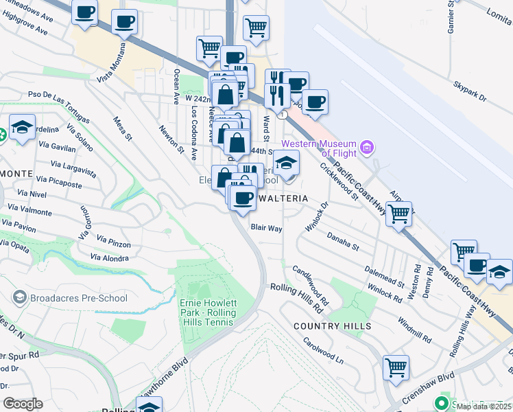 map of restaurants, bars, coffee shops, grocery stores, and more near 24516 Park Street in Torrance