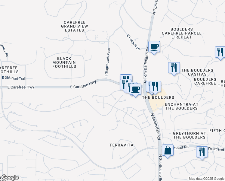 map of restaurants, bars, coffee shops, grocery stores, and more near 6823 East Carefree Highway in Scottsdale