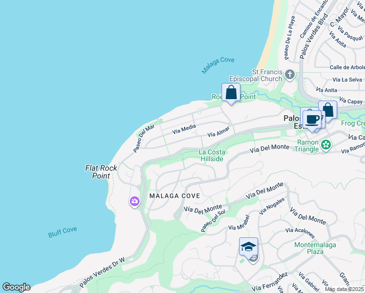 map of restaurants, bars, coffee shops, grocery stores, and more near 529 Palos Verdes Drive West in Palos Verdes Estates