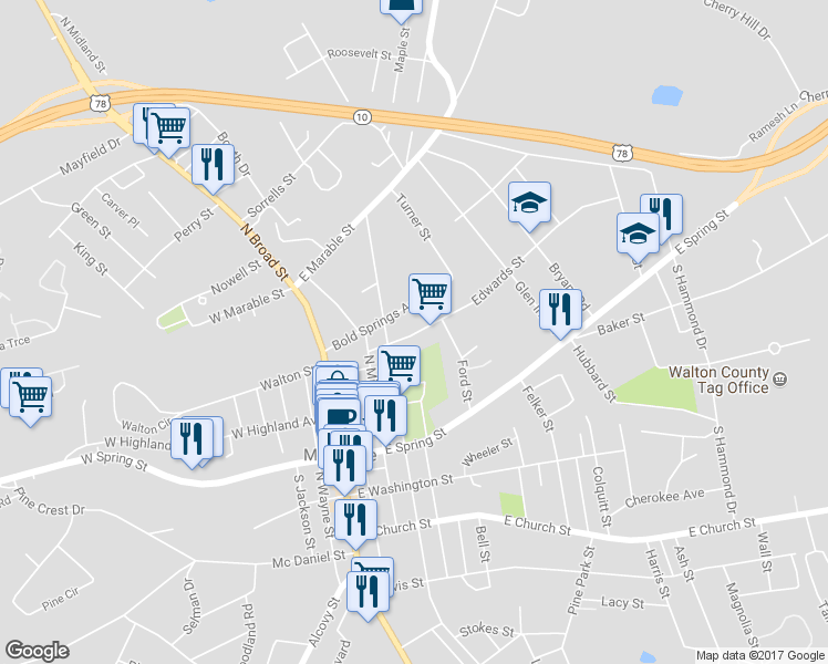 map of restaurants, bars, coffee shops, grocery stores, and more near 315 Edwards Street in Monroe