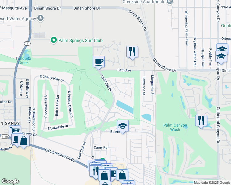 map of restaurants, bars, coffee shops, grocery stores, and more near 5951 Montecito Drive in Palm Springs