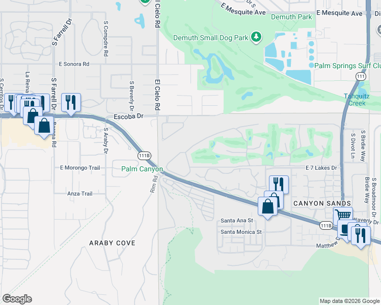 map of restaurants, bars, coffee shops, grocery stores, and more near 529 Desert Lakes Drive in Palm Springs