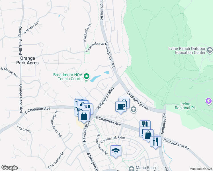map of restaurants, bars, coffee shops, grocery stores, and more near 7927 East Horseshoe Trail in Orange