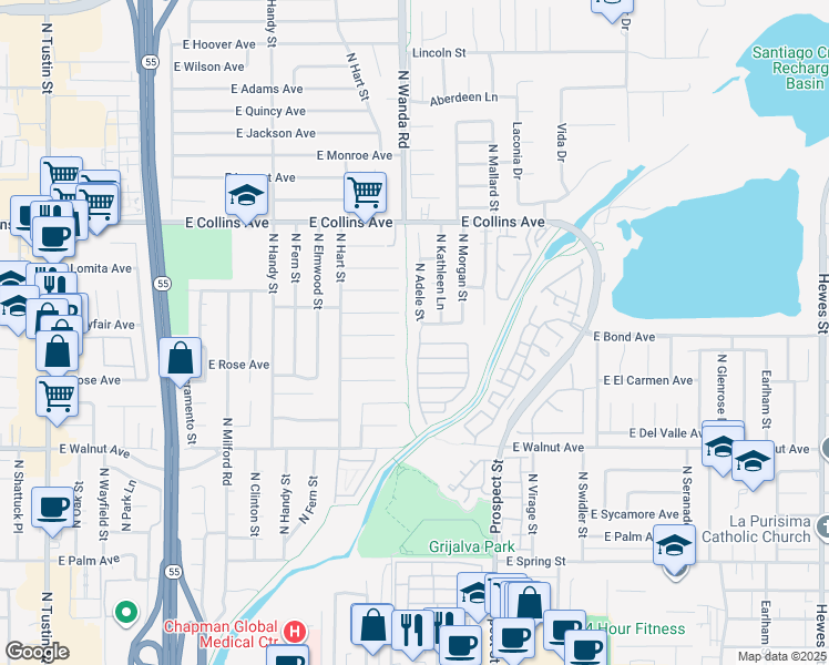 map of restaurants, bars, coffee shops, grocery stores, and more near 2925 East Mayfair Avenue in Orange
