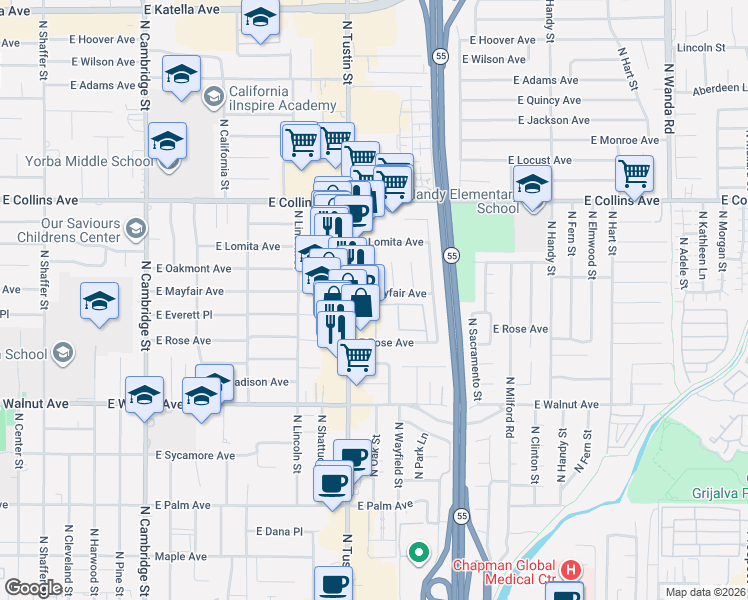 map of restaurants, bars, coffee shops, grocery stores, and more near 744 North Russell Drive in Orange
