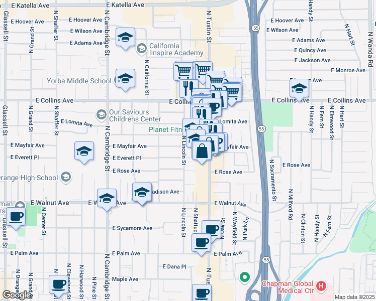 map of restaurants, bars, coffee shops, grocery stores, and more near 740 North Shattuck Place in Orange