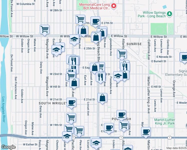 map of restaurants, bars, coffee shops, grocery stores, and more near 2335 Long Beach Boulevard in Long Beach