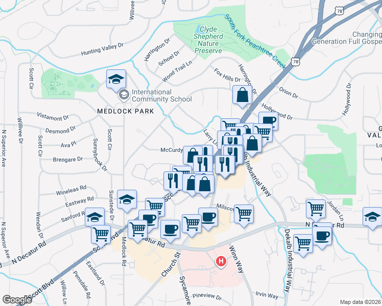 map of restaurants, bars, coffee shops, grocery stores, and more near 2548 McCurdy Way in Decatur
