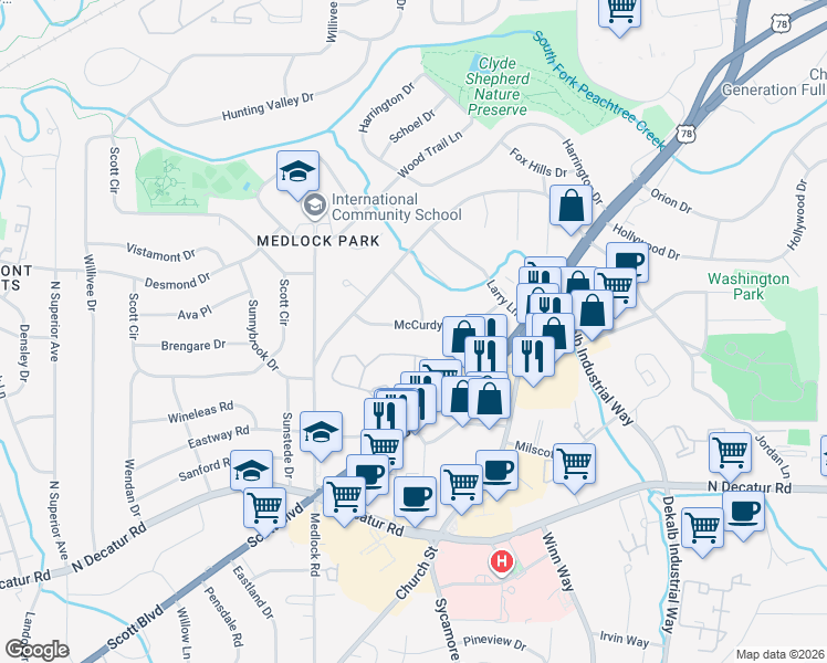 map of restaurants, bars, coffee shops, grocery stores, and more near 2513 McCurdy Way in Decatur