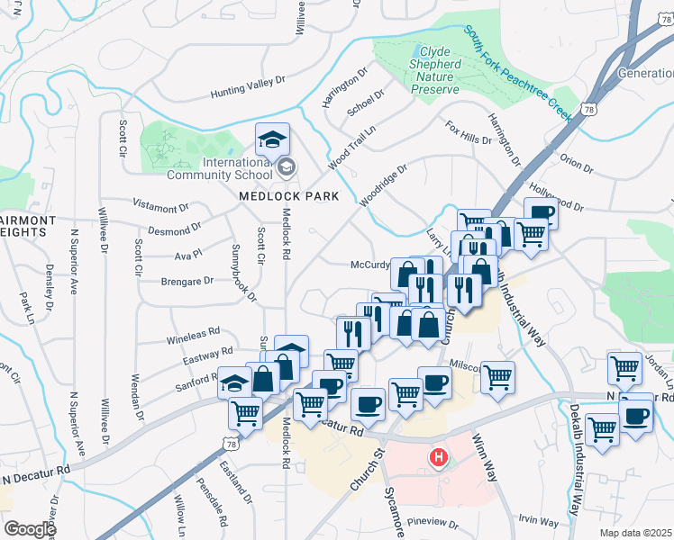 map of restaurants, bars, coffee shops, grocery stores, and more near 2427 Woodridge Drive in Decatur