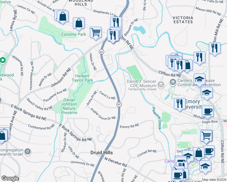 map of restaurants, bars, coffee shops, grocery stores, and more near 1600 Briarcliff Road Northeast in Atlanta