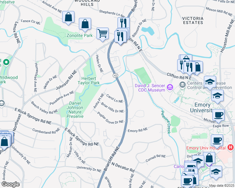 map of restaurants, bars, coffee shops, grocery stores, and more near 1612 Briarcliff Road Northeast in Atlanta