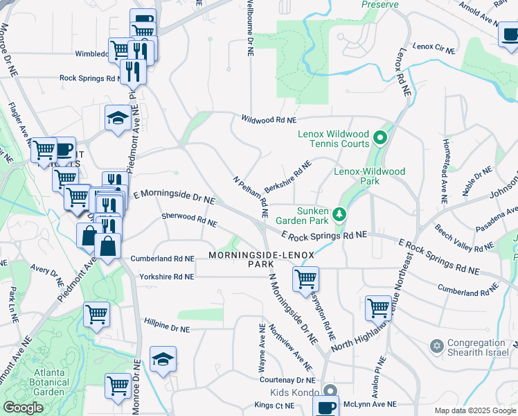 map of restaurants, bars, coffee shops, grocery stores, and more near 1620 North Pelham Road Northeast in Atlanta