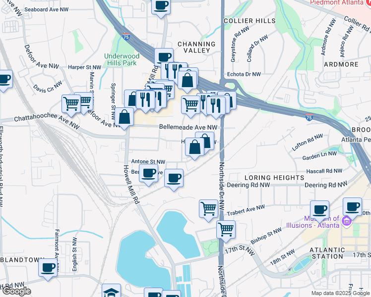 map of restaurants, bars, coffee shops, grocery stores, and more near 1611 Tallulah Street Northwest in Atlanta