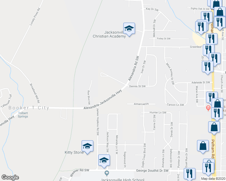 map of restaurants, bars, coffee shops, grocery stores, and more near 1007 Alexandria Road Southwest in Jacksonville