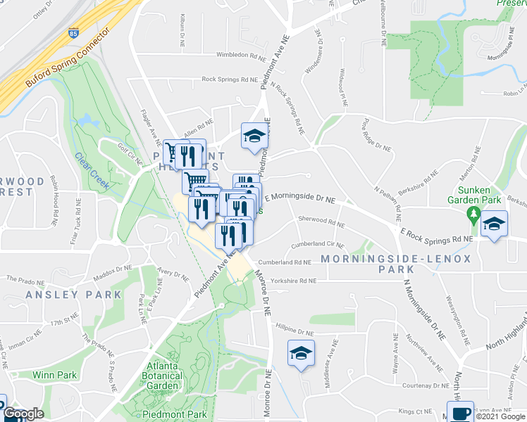 map of restaurants, bars, coffee shops, grocery stores, and more near 591 East Morningside Drive Northeast in Atlanta