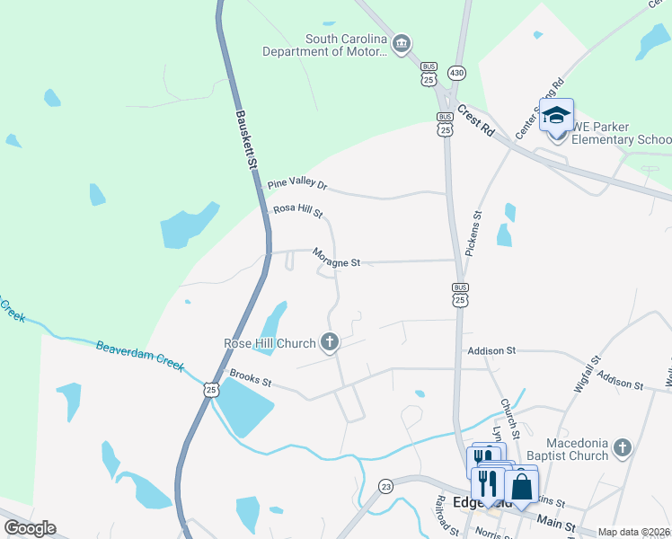 map of restaurants, bars, coffee shops, grocery stores, and more near 408 Rosa Hill Street in Edgefield