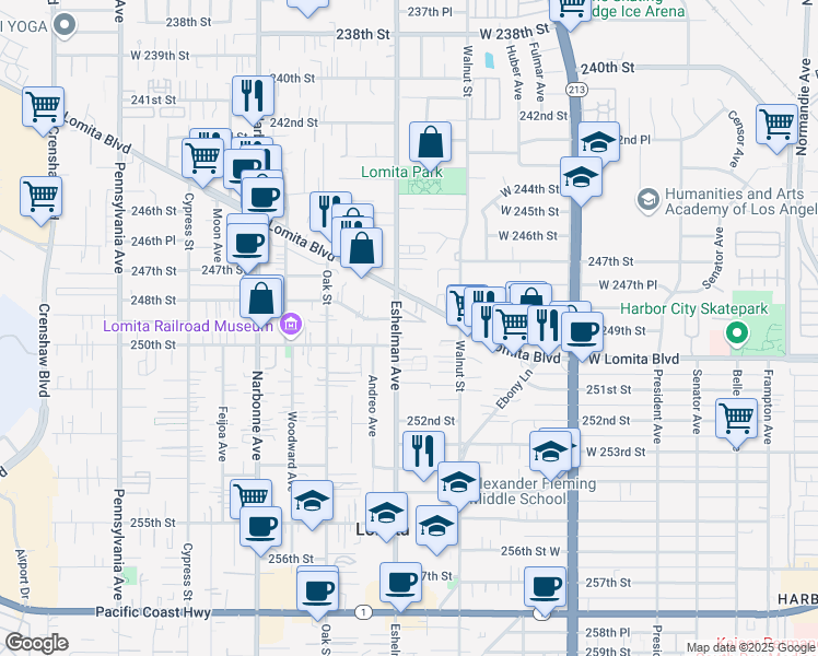 map of restaurants, bars, coffee shops, grocery stores, and more near 1960 248th Street in Lomita