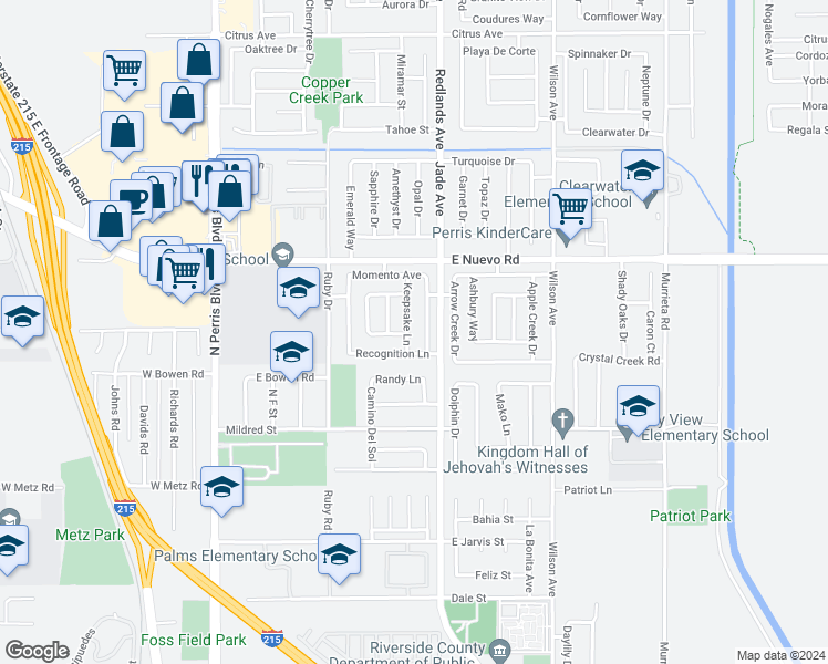 map of restaurants, bars, coffee shops, grocery stores, and more near 1471 Keepsake Lane in Perris