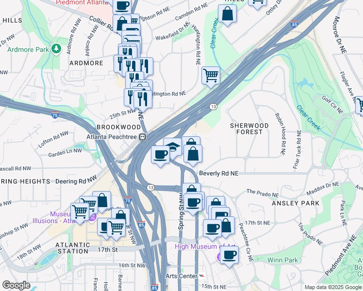 map of restaurants, bars, coffee shops, grocery stores, and more near 1589 Peachtree Street Northeast in Atlanta