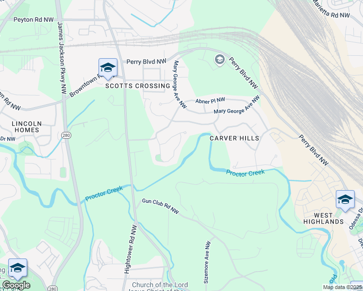 map of restaurants, bars, coffee shops, grocery stores, and more near 2625 Abner Place Northwest in Atlanta