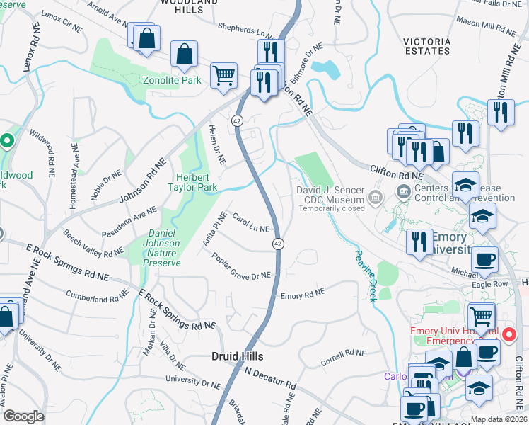 map of restaurants, bars, coffee shops, grocery stores, and more near 1600 Briarcliff Road Northeast in Atlanta