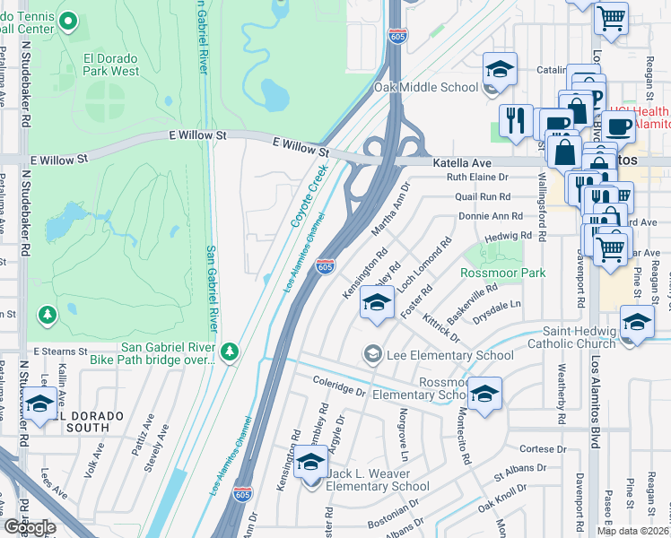 map of restaurants, bars, coffee shops, grocery stores, and more near 11321 Martha Ann Drive in Los Alamitos