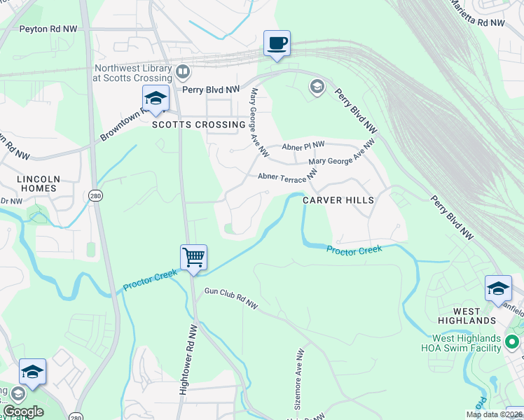 map of restaurants, bars, coffee shops, grocery stores, and more near 2625 Abner Place Northwest in Atlanta