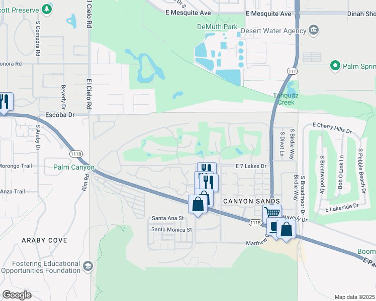 map of restaurants, bars, coffee shops, grocery stores, and more near 71 Westlake Circle in Palm Springs