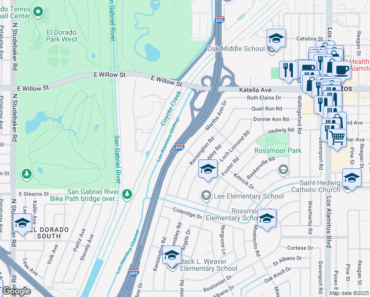 map of restaurants, bars, coffee shops, grocery stores, and more near 11321 Martha Ann Drive in Los Alamitos
