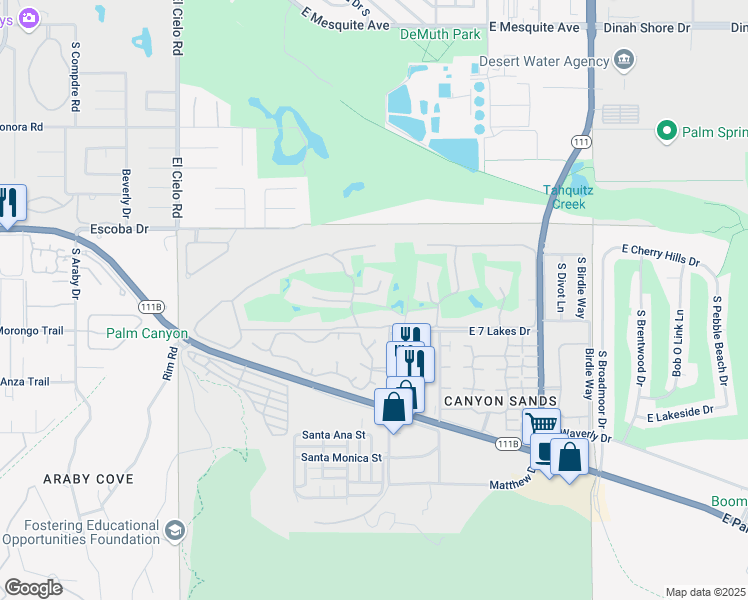 map of restaurants, bars, coffee shops, grocery stores, and more near 71 Westlake Circle in Palm Springs