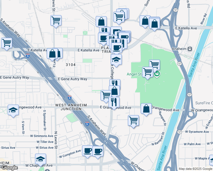 map of restaurants, bars, coffee shops, grocery stores, and more near in Anaheim