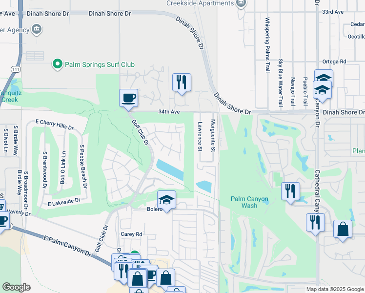 map of restaurants, bars, coffee shops, grocery stores, and more near 1995 Lawrence Street in Palm Springs