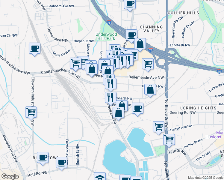 map of restaurants, bars, coffee shops, grocery stores, and more near 1667 Howell Mill Road Northwest in Atlanta