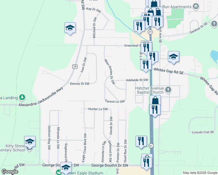 map of restaurants, bars, coffee shops, grocery stores, and more near 1029 Miss Annies Drive Southwest in Jacksonville