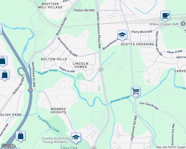 map of restaurants, bars, coffee shops, grocery stores, and more near 1603 Bridgeport Drive Northwest in Atlanta