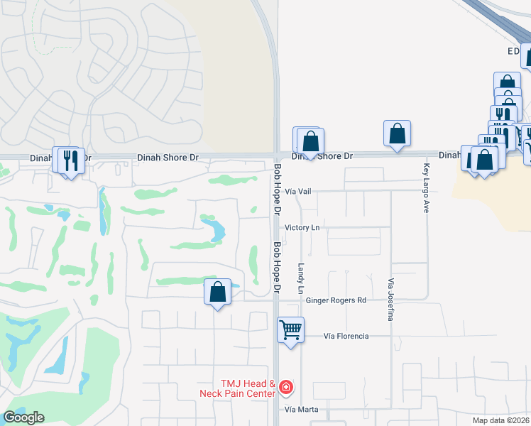 map of restaurants, bars, coffee shops, grocery stores, and more near 34200 Bob Hope Drive in Rancho Mirage