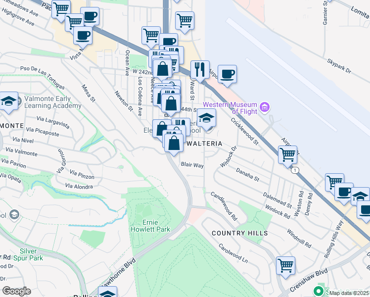 map of restaurants, bars, coffee shops, grocery stores, and more near 24510 Park Street in Torrance