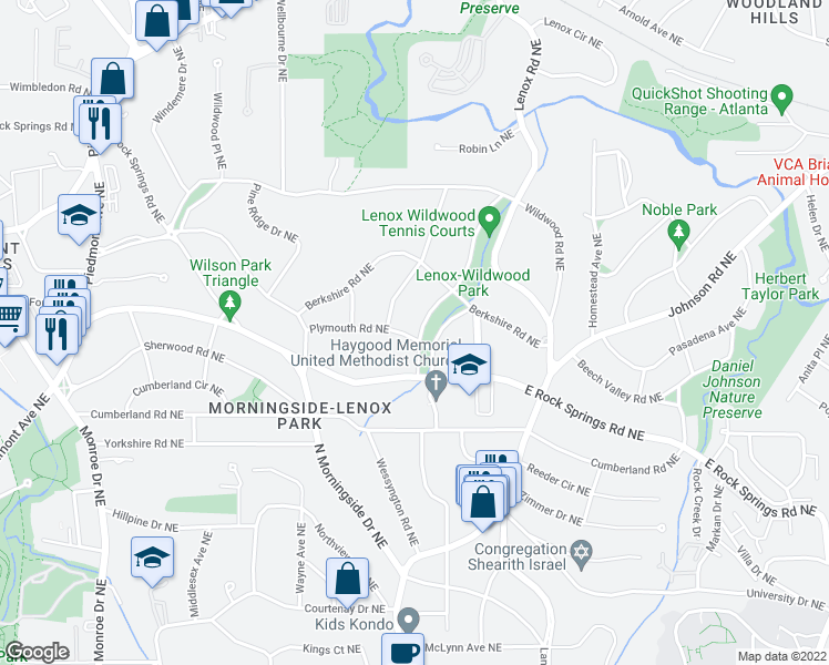 map of restaurants, bars, coffee shops, grocery stores, and more near 1610 West Sussex Road Northeast in Atlanta