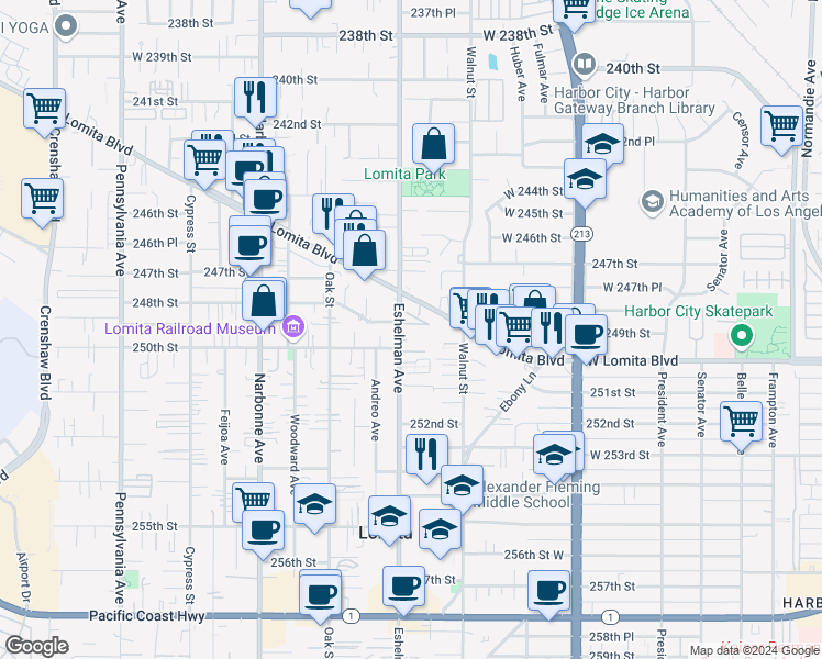 map of restaurants, bars, coffee shops, grocery stores, and more near 1960 248th Street in Lomita