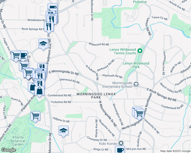 map of restaurants, bars, coffee shops, grocery stores, and more near 1620 North Pelham Road Northeast in Atlanta