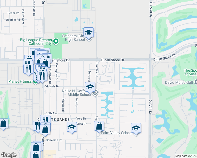 map of restaurants, bars, coffee shops, grocery stores, and more near 34275 Plumley Road in Cathedral City