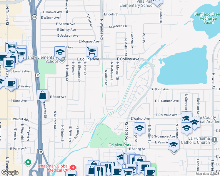 map of restaurants, bars, coffee shops, grocery stores, and more near 3040 East Mayfair Avenue in Orange