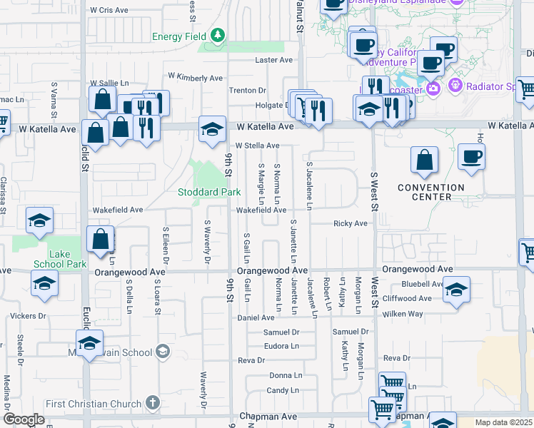 map of restaurants, bars, coffee shops, grocery stores, and more near 2002 South Margie Lane in Anaheim