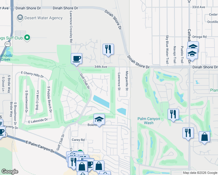 map of restaurants, bars, coffee shops, grocery stores, and more near 1995 Lawrence Street in Palm Springs