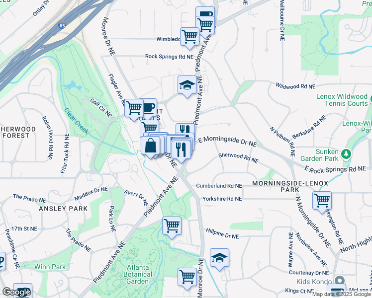 map of restaurants, bars, coffee shops, grocery stores, and more near 1616 Piedmont Avenue Northeast in Atlanta