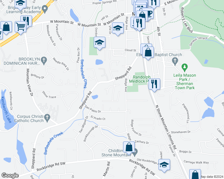 map of restaurants, bars, coffee shops, grocery stores, and more near 742 Mountain Village Drive in Stone Mountain